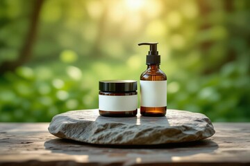 Amber Skincare Bottles on Stone in Nature