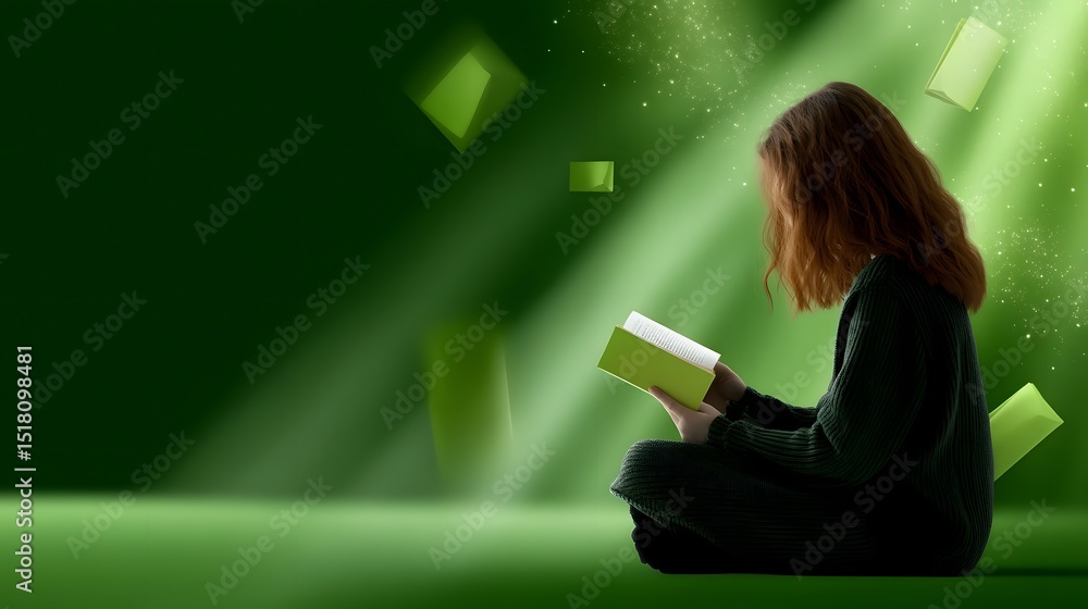 Poster girl reading a book in a magical green light with floating objects