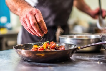 Cook seasons the dish in the pan using a pinch of spices between his fingers