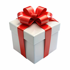 Pristine white gift box tied with a glossy red ribbon and elegant bow isolated