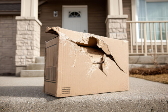 Cardboard package damaged during courier transport arrives at the recipient's door