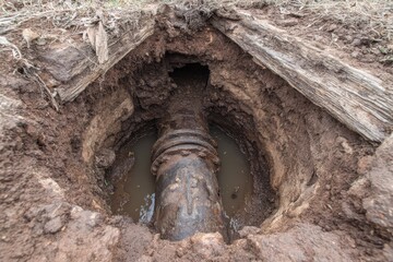 Damaged water or sewage pipe in a trench in the ground awaits repair