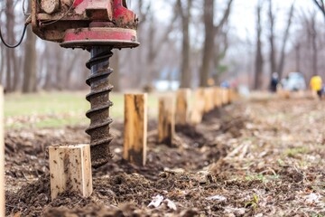 Auger for drilling holes in the ground works on a construction site