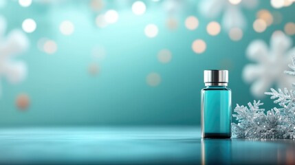 Teal bottle on a teal surface with bokeh background