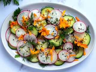 A salad of fresh cucumbers and radishes garnished with edible marigold flowers, dill and sesame on...