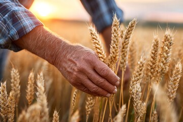 Farmer examining wheat crop in field at sunset