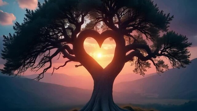 A tree with a heart-shaped opening in the branches, the trunk is thick and gnarled , the leaves are a deep green , sunset with pink and orange clouds