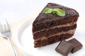 Piece of delicious cake, mint and chocolate on light table, closeup