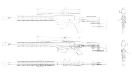 A gun is shown in three different views. The gun is a sniper rifle. The gun is black and silver