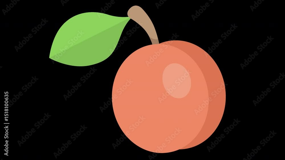 Poster simple animated apricot with stem and leaf rotating on a transparent background