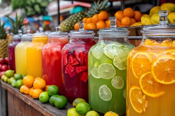 Colorful fresh fruit juices displayed in glass jars at market stall