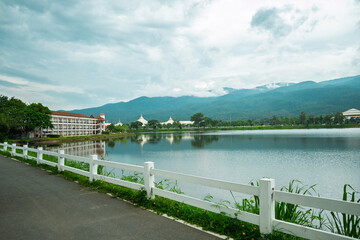Beautiful park suitable for exercise and relaxation. Morning atmosphere, green lawn, mountain view and fresh air. CMPAO Chiang Mai Garden