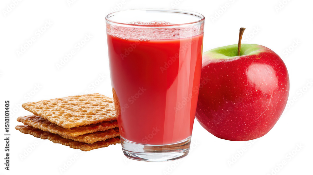 Poster refreshing glass of red apple juice accompanied by crispy crackers and a ripe red apple, creating a 