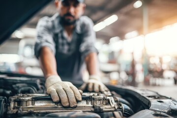 Car mechanic wearing gloves checks engine condition in workshop