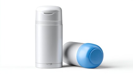 Two white plastic deodorant containers, one with a blue top