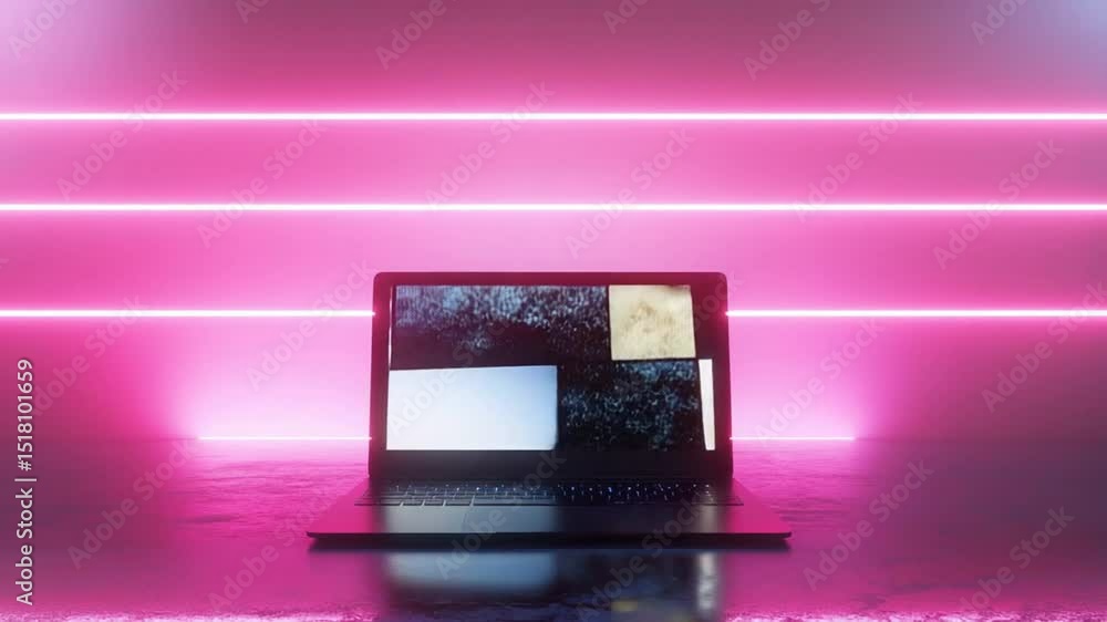 Poster modern laptop computer with blank screen on a neon illuminated background, creating a vibrant techno