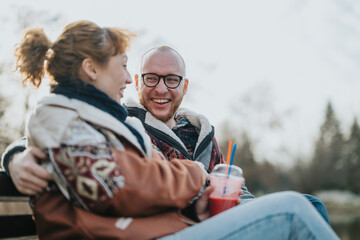 A happy couple sits on a bench outside, sharing laughter and enjoying beverages. The image conveys...