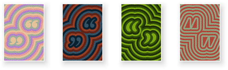 Abstract quotation marks in layered wavy stripes and bold retro textures across varied color schemes. Vector illustration.