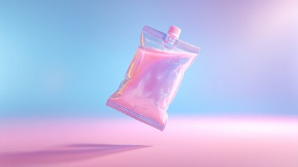 A pastel-hued pouch of product floats in mid-air