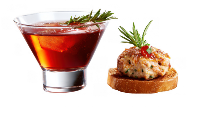 Vibrant red cocktail garnished with rosemary and ice cubes alongside a savory appetizer featuring a meatball on toasted bread, drizzled with sauce and cheese