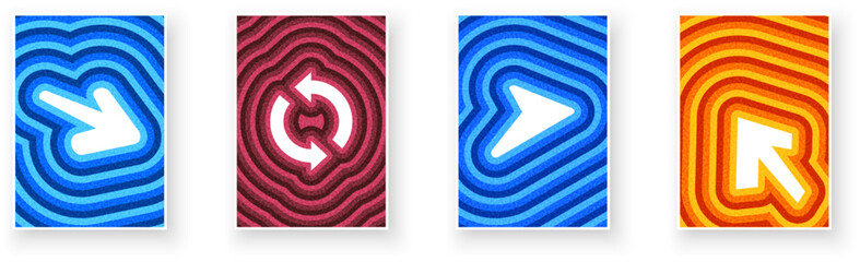 Set of colorful arrow and refresh symbols with ripple backgrounds. Vector illustration for UI and motion design.