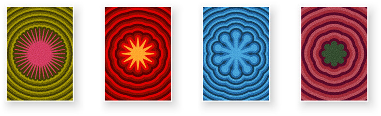 Collection of abstract flower and star symbols with ripple backgrounds. Vector illustration.