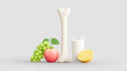 Colorful arrangement of a bone, fresh fruits including grapes and apple, alongside a glass of milk and lemon, creating a playful and vibrant still life composition