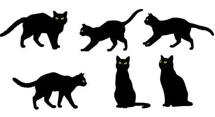 Six Black Cat Silhouettes in Various Poses with Yellow Eyes