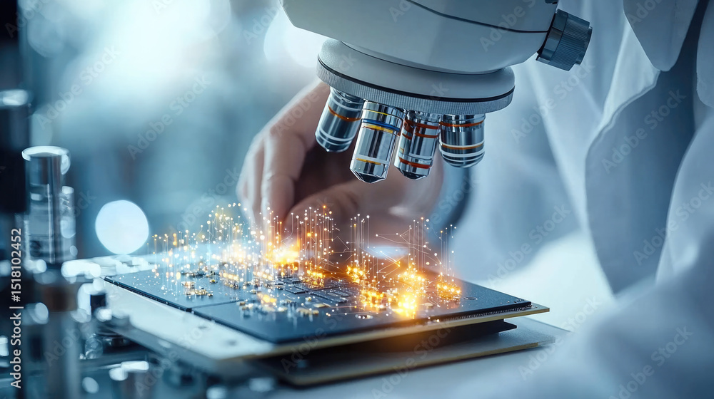 Poster microscope scientist semiconductor circuit technology research innovation glowing laboratory closeup