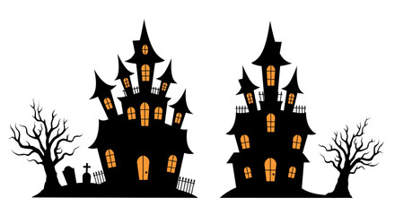 Two Spooky Haunted Houses with Bare Trees and Graveyard Elements