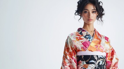 A young woman with dark hair styled in loose curls, wearing a traditional Japanese kimono with a floral pattern in shades of pink, orange, and blue, stands 