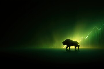 Bull symbol of bull market on financial stock exchange against green background of rising stock prices