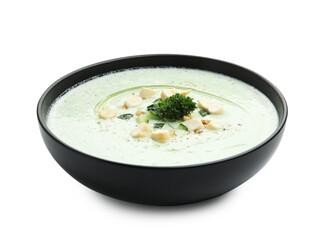 Tasty cucumber soup with croutons and broccoli isolated on white