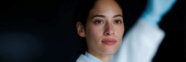 Focused female scientist in lab coat examines sample
