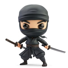 This digital illustration features a stylized, cartoon ninja character rendered in a 3D chibi style