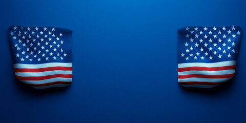 Top view of American flag on dark blue studio background with copy space