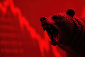 Bear symbol of bear market on the financial stock exchange against the background of red color of falling stock prices