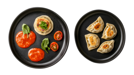 Homemade Nepali Momos Dumplings served with Tomato chutney, Overhead view