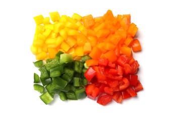 Cut colorful bell peppers isolated on white, top view