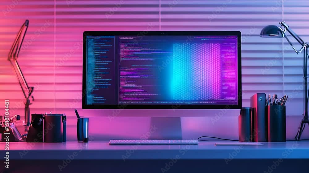 Poster creative workstation with neon lighting and programming code on a modern computer screen
