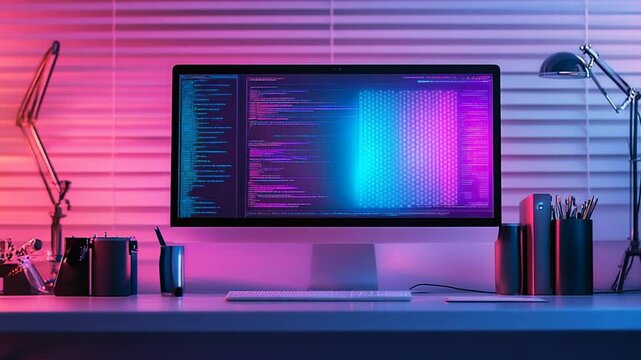 Creative workstation with neon lighting and programming code on a modern computer screen