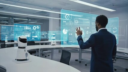 Man Interacting with Futuristic Displays in Office - Powered by Adobe