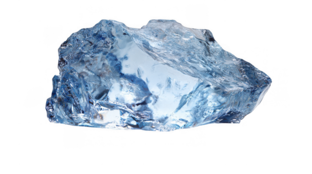 Large piece of ice with irregular shape reflecting soft light on a transparent background, perfect for conveying concepts of coldness, freshness, and purity
