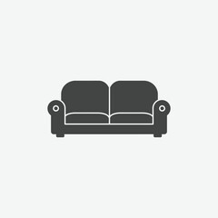 Flat, minimalist icon of a modern two-seat couch in dark gray with smooth curves and padded arms. Ideal for furniture apps, catalogs, or interior design visuals.