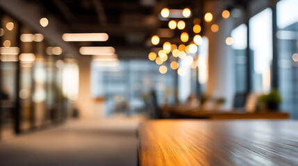 Fototapeta premium Blurred office interior with a prominent wooden table edge in the foreground