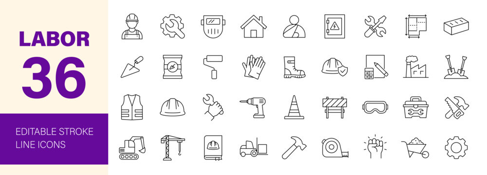 Labor icon set. Containing construction, labour day, renovation, repair, engineer, gear, builder, labour, helmet, crane, brick and more. Editable line icons. Vector illustration.