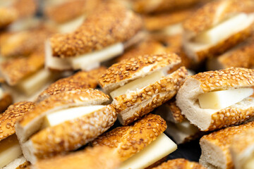 coffee break hotel during conference meeting, corporate revent with tea and coffee catering, decorated catering banquet table with variety of different pastry and bakery, with croissants and cookies