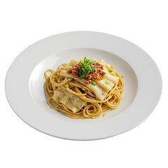 Garlic Butter Pasta with Crispy Fish A Culinary Delight isolated on transparent bacckground