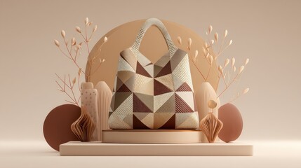 Beige, brown tote bag on a display podium