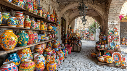 Colorful Pottery Display In Mexican Market